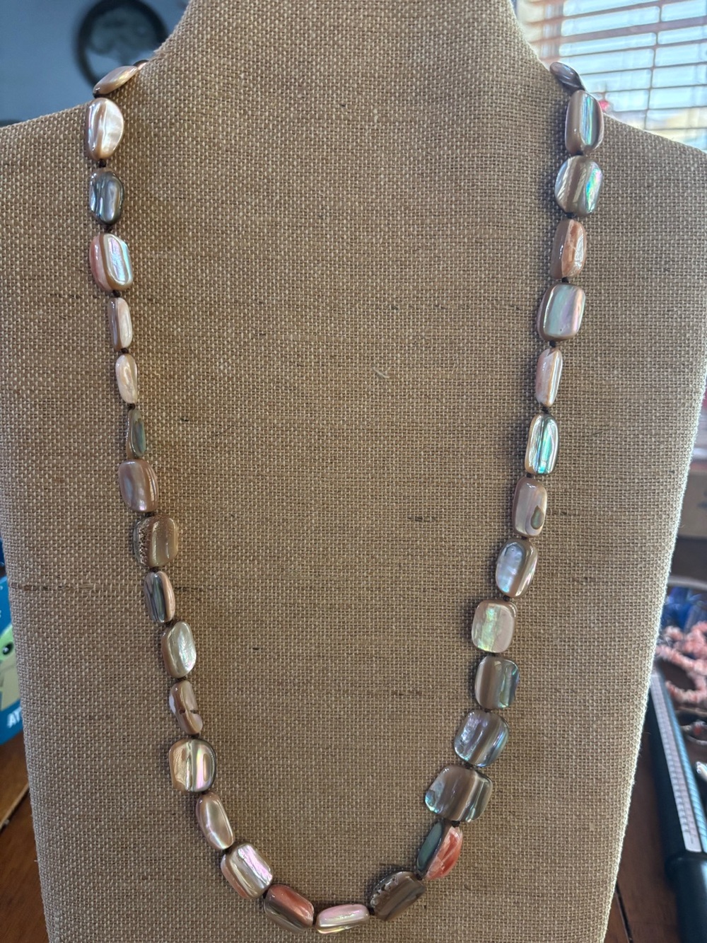 Vintage Les Bernard Signed Abalone Bead Hand knotted Necklace 30.5"